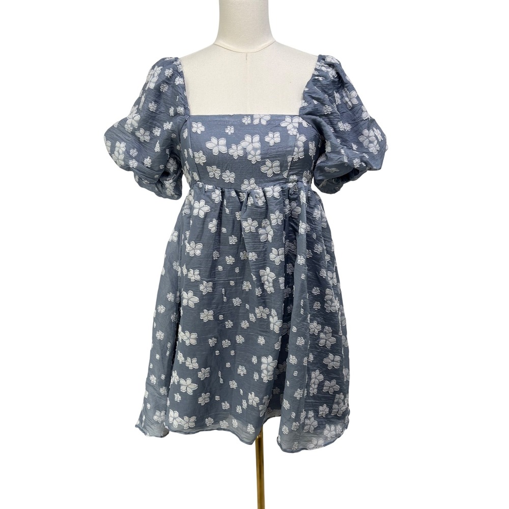 Storia‎ Blue Floral Jacquard Puff Sleeve Babydoll Mini Dress S Coquette Fairy